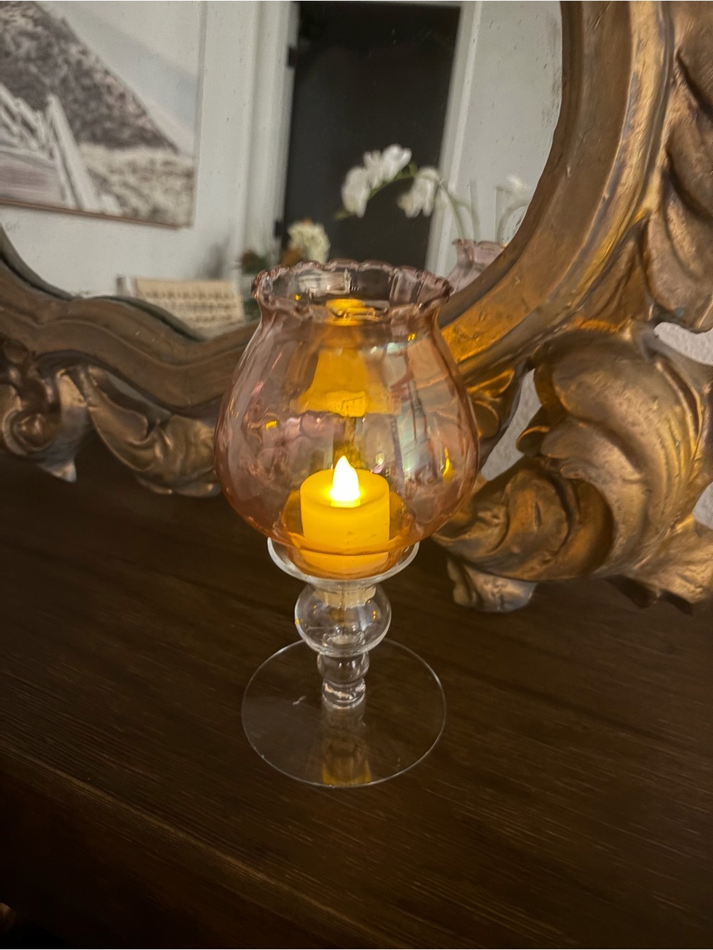 Pink Glass Hurricane Candle Holder with Clear Stem - Home Accents